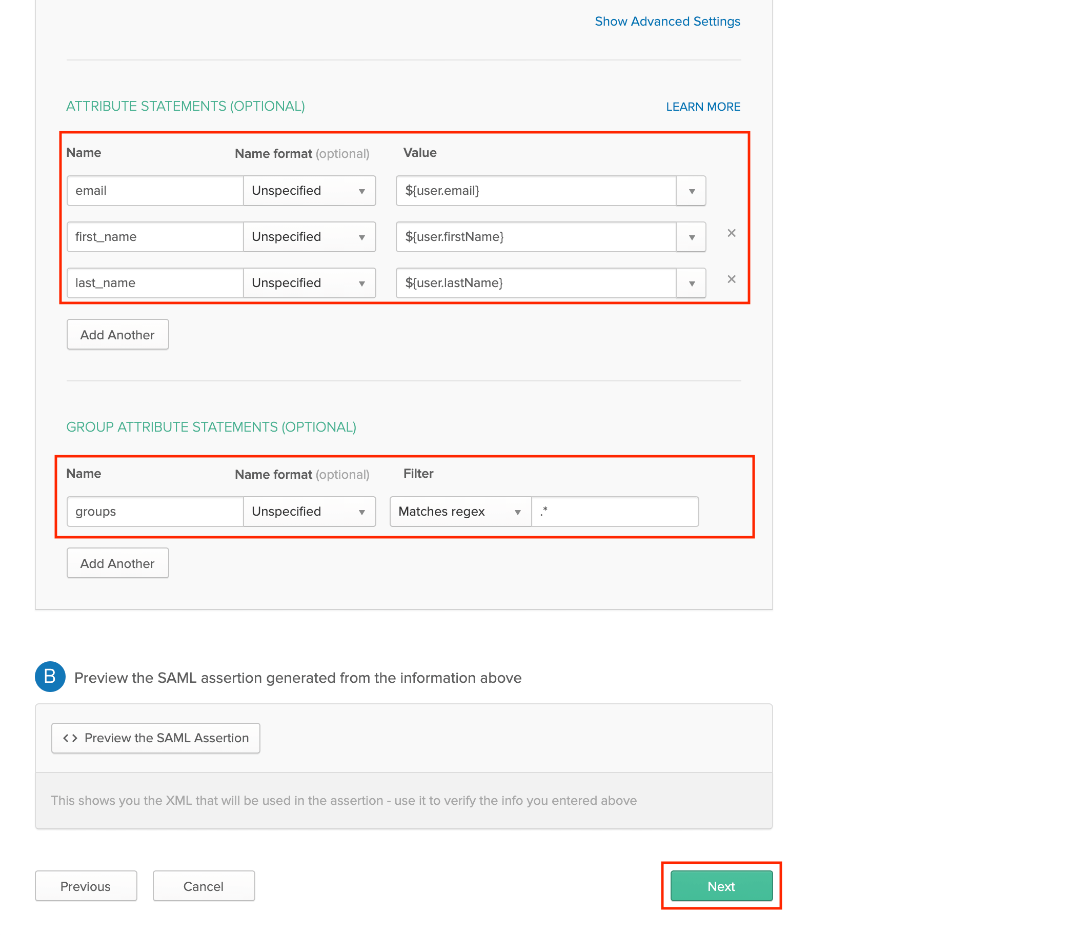 Configure the app's User and Group Attribute Statements Configure the app's User and Group Attribute Statements